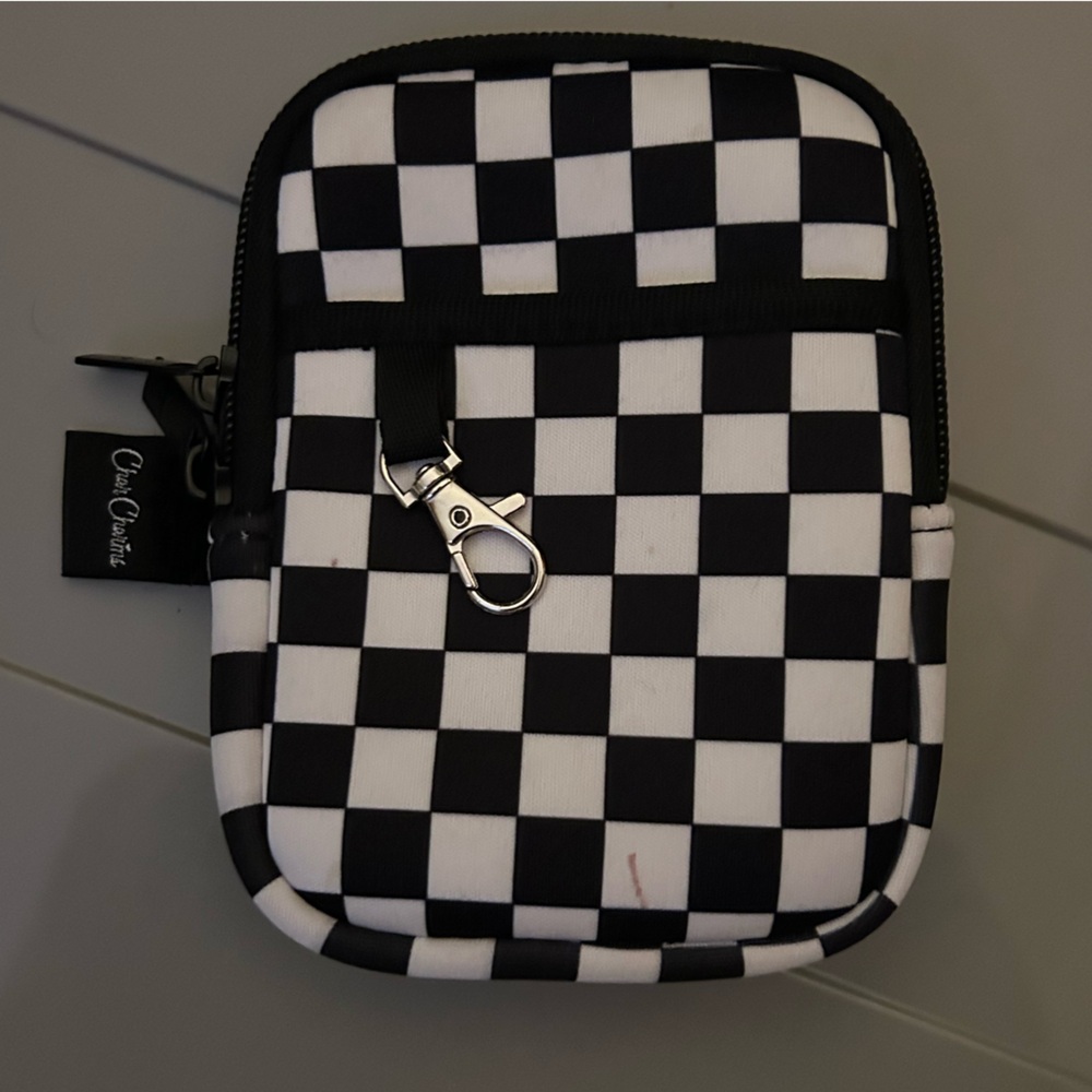 Checkered Black & White Small Pouch with Clip